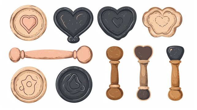 Vector Antique Wax Stamps In Shape Of Circle And Oval On White Background Cartoon Vector Illustration Set. Old Wax Seal Stamp With Plane Heart And Embossing Border For Certificate, Envelope Or Scrol  