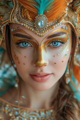 portrait of happy smiling woman in bright carnival Venetian Mask on white background