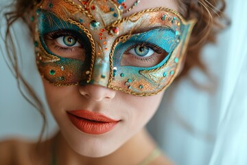 portrait of happy smiling woman in bright carnival Venetian Mask on white background