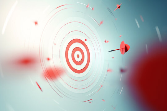 Business, hobbies and leisure concept. Minimalist goal reaching concept of arrow or dart hitting a target in the center. Abstract background illustration with copy space