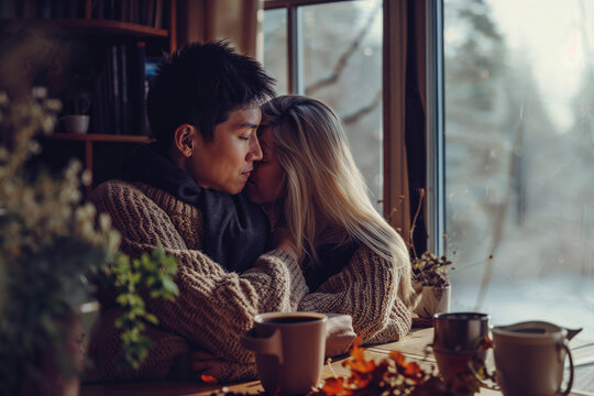 Young Loving Couple Cosy At Home Cabin In The Woods Winter Forest Views