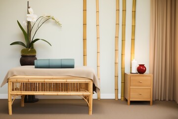 tranquil room with a massage table and bamboo decoration