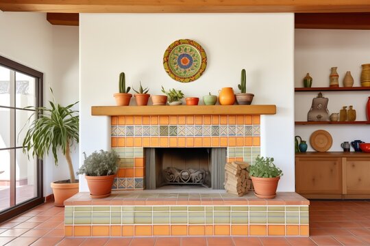 indoor fireplace with terracotta pots and spanish tiles