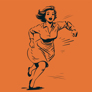 retro cartoon illustration of a running woman in sketchy style