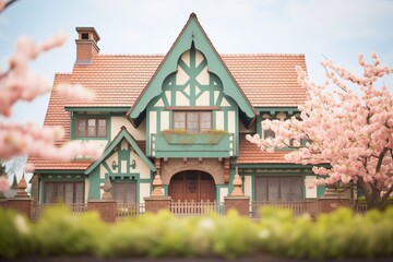 Fototapeta na wymiar spring tudor home, gable with blossoms
