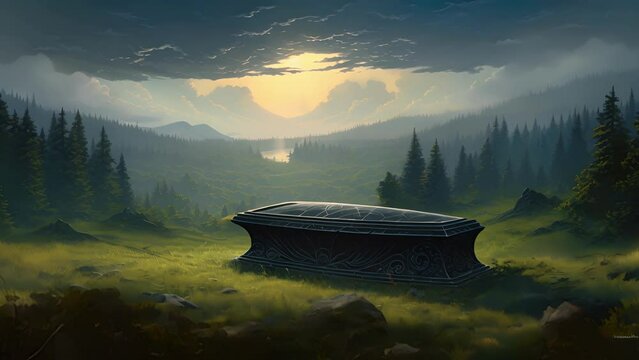A black coffin perched atop a grassy hill surrounded by looming trees.