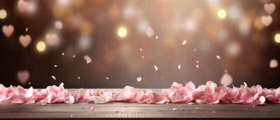 Wooden table with pink rose petals on bokeh background.