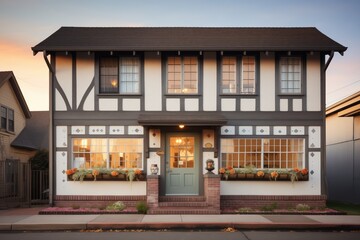 tudor home facade during golden hour with window glow
