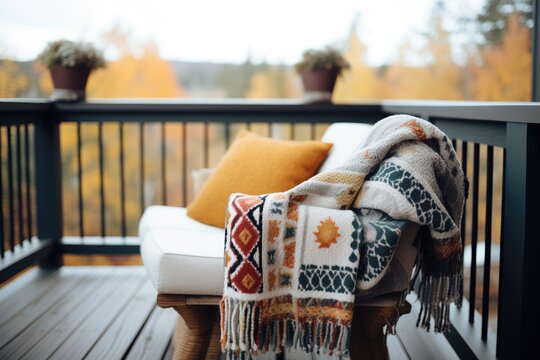 cozy blankets on log cabin balcony bench