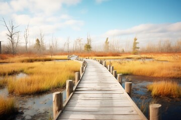 a boardwalk meandering through a marsh