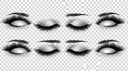 vector set of realistic false lashes for upper and lower eye lids isolated on transparent background   - obrazy, fototapety, plakaty