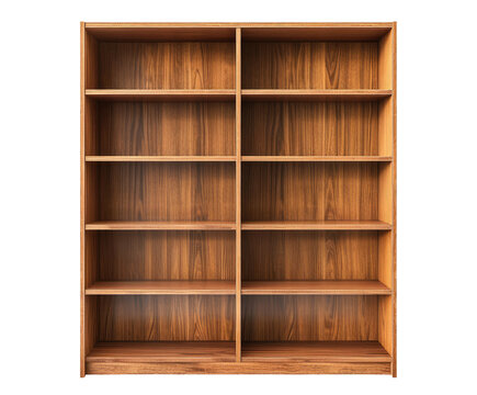 Empty wooden bookshelves isolated on transparent background