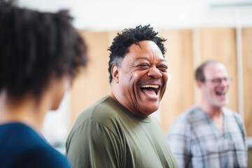 actor laughing with castmates in rehearsal
