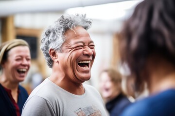 actor laughing with castmates in rehearsal - obrazy, fototapety, plakaty