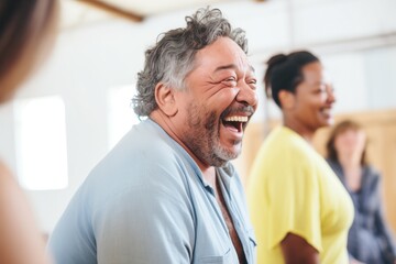 actor laughing with castmates in rehearsal - obrazy, fototapety, plakaty