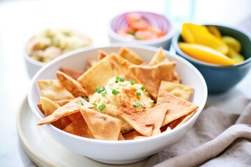 baked pita chips in bowl with side of garlic hummus