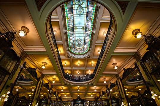 The Beautiful Ceiling and Stained Glass Skylight of Confeitaria Colombo in Rio de Janeiro, Brazil