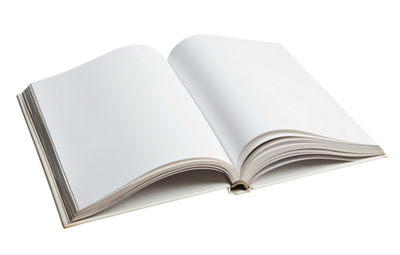 Open book with blank white pages isolated on transparent background, top view