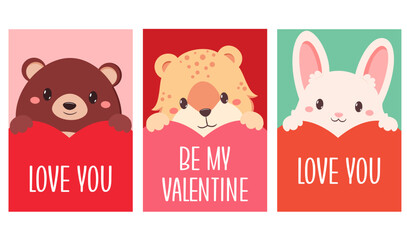 Set of Valentine's day card with cute animals. Baby collection of gift tag with animal - bear, leopard, bunny. Template holiday banner, sticker for decoration, congratulation, invitation. Vector EPS8