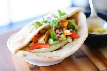 open pita bread pocket filled with hummus and veggies