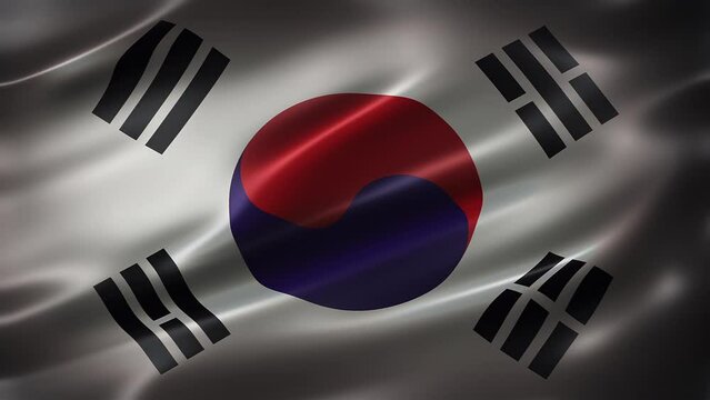 South Korean flag, front view, with a cinematic look and feel. With elegant silky texture flapping in the wind. Realistic CG animation seamless loop-able.