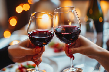 Romantic Dinner Red Wine Toast Warm Ambiance