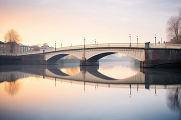 bridge reflecting on a calm river at dawn