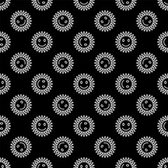 Funny Flower with Cute Smiling Face vector Hippie style dark seamless pattern in thin line style