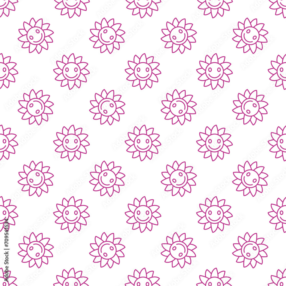 Poster groovy smiling flower vector simple linear seamless pattern