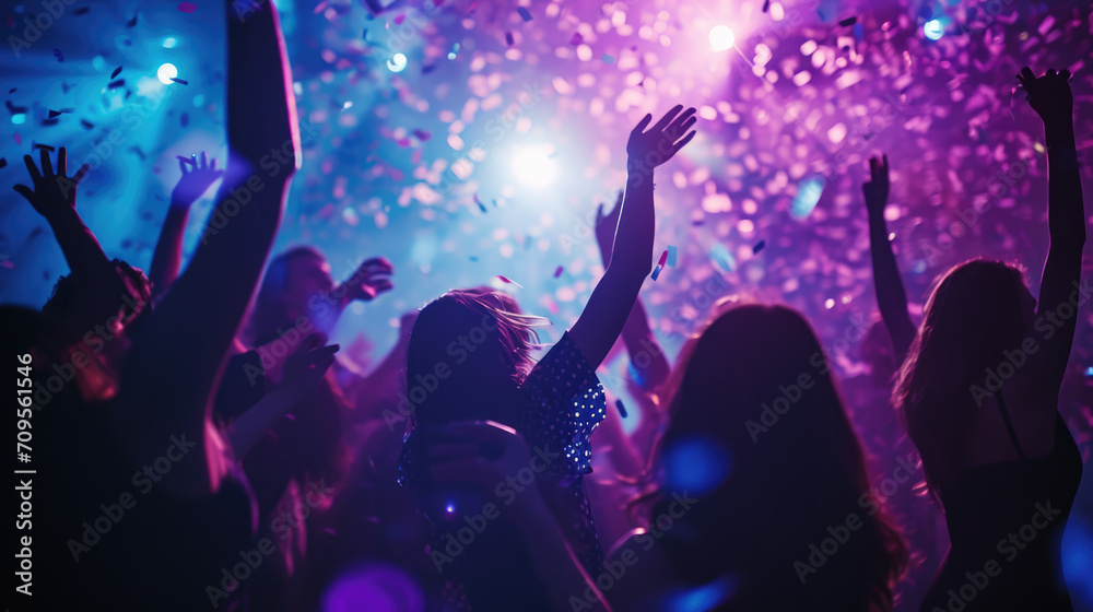 Poster dynamic scene of people dancing and celebrating at a party or club with confetti in the air and colo