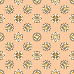 Retro Funny Daisy Flower vector minimal colored seamless pattern in Groovy style