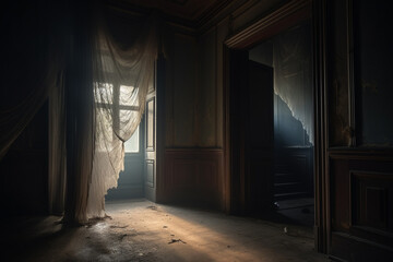 Horror, fantasy, interior concept. Scary, very old, dusty and abandoned house with stairs, wooden walls and window. White material like ghost levitating in empty corridor - obrazy, fototapety, plakaty