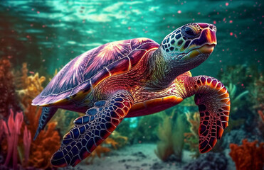 Fototapeta premium a turtle swimming in the ocean with corals and algaes around it's sides and a bright green background, generative ai