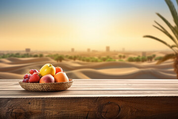 Fruit on wooden table in sahara desert, Ramadan Kareem Concept - obrazy, fototapety, plakaty
