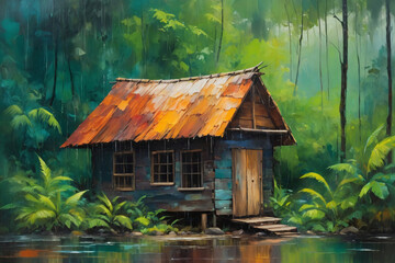 Fototapeta na wymiar Wooden small cabin in the green tropical rainforest, Rainy season, Oil Painting colorful texture, Artistic background