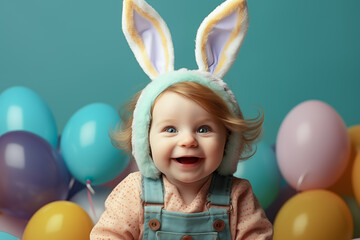 Fototapeta na wymiar A cute baby wearing Easter bunny ears with Easter eggs and colorful background. Easter Day Concept. Generative Ai.