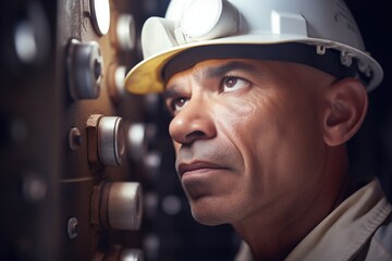 technician with a headlamp examining the elevator overspeed governor