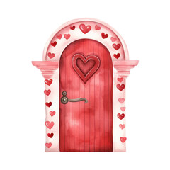 Watercolor illustration of a door with red heart, Valentine concept, PNG Transparent background.