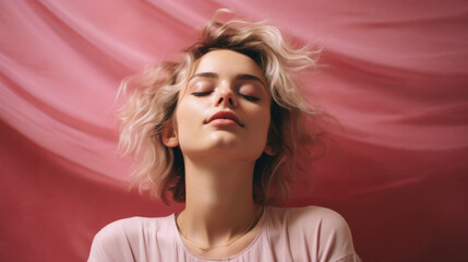 Naklejka premium Portrait of a beautiful girl with blonde hair on a pink background