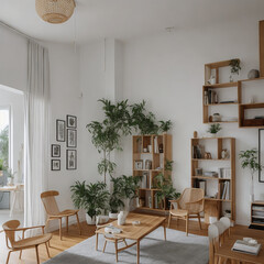 Ai generate a depict the room in the living room, with a minimalist wooden table, chairs, with white walls, with a bright atmosphere from sunrise.