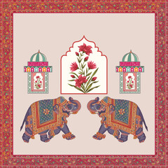 Traditional Mughal decorative illustrated frame with elephant for invitation