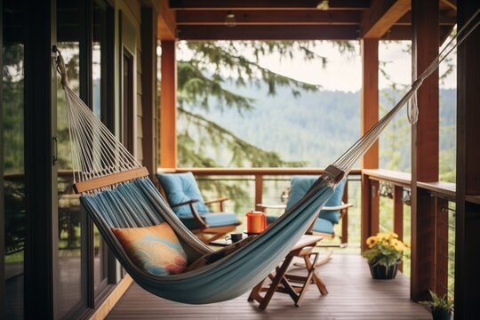 hammock swinging on the porch of a forest lodge