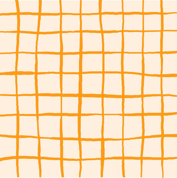 Hand drawn cute grid. doodle beige, white, yellow plaid pattern with Checks. Graph square background with texture. Line art freehand grid vector outline grunge print