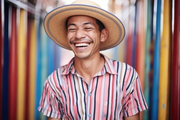 smiling gondolier in striped shirt by gondola - obrazy, fototapety, plakaty