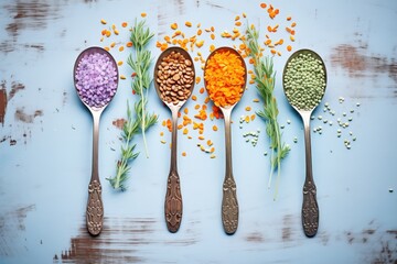 variety of colorful lentils in spoons