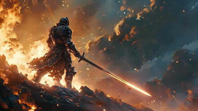 As the paladin charged into battle, his holy sword lit up the night sky like a shooting star. Its sharp edge sliced through the air with ease, ting down any enemy that stood Fantasy animatio