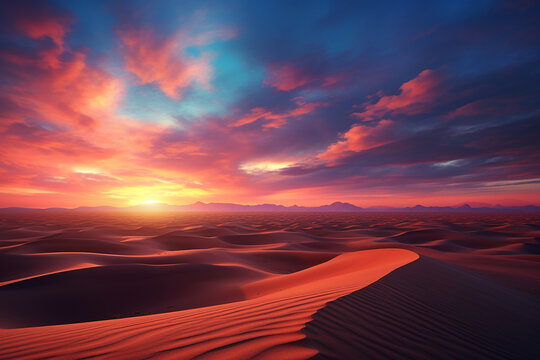 Generative AI Image of Dunes in the Desert with Clouds in Dramatic Sky at Sunrise