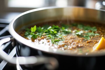 close-up of simmering lentil soup in a steel pot
