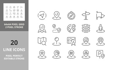 Navigation and location, thin line icon set 1/2. Outline symbol collection. Editable vector stroke. 64 and 256 Pixel Perfect scalable to 128px