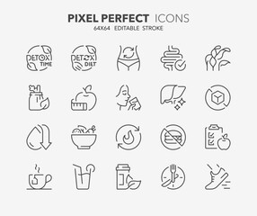 Line icons about detox and cleanse. Outline symbol collection. Editable vector stroke. 64x64 Pixel Perfect. - obrazy, fototapety, plakaty